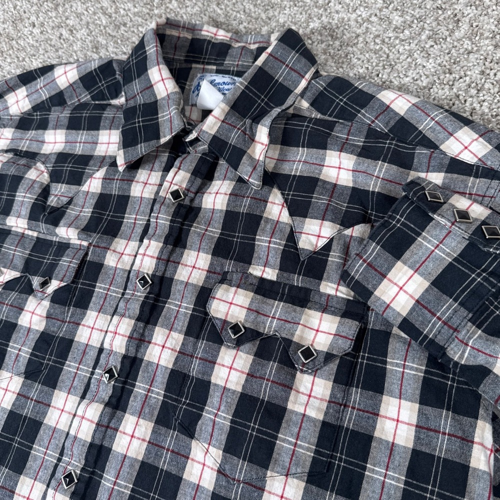 Rockmount Ranch Wear Shirt Mens Large Black Plaid Diamond Snaps Cowboy Western